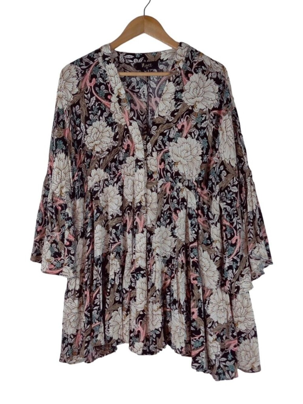 Babydoll Floral Dress M by Meritt Full Bell Sleeves Boho Tiered Hem Button Front